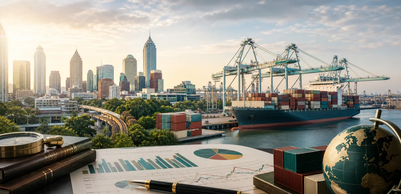 Atlanta skyline and Savannah port trade corridor visual